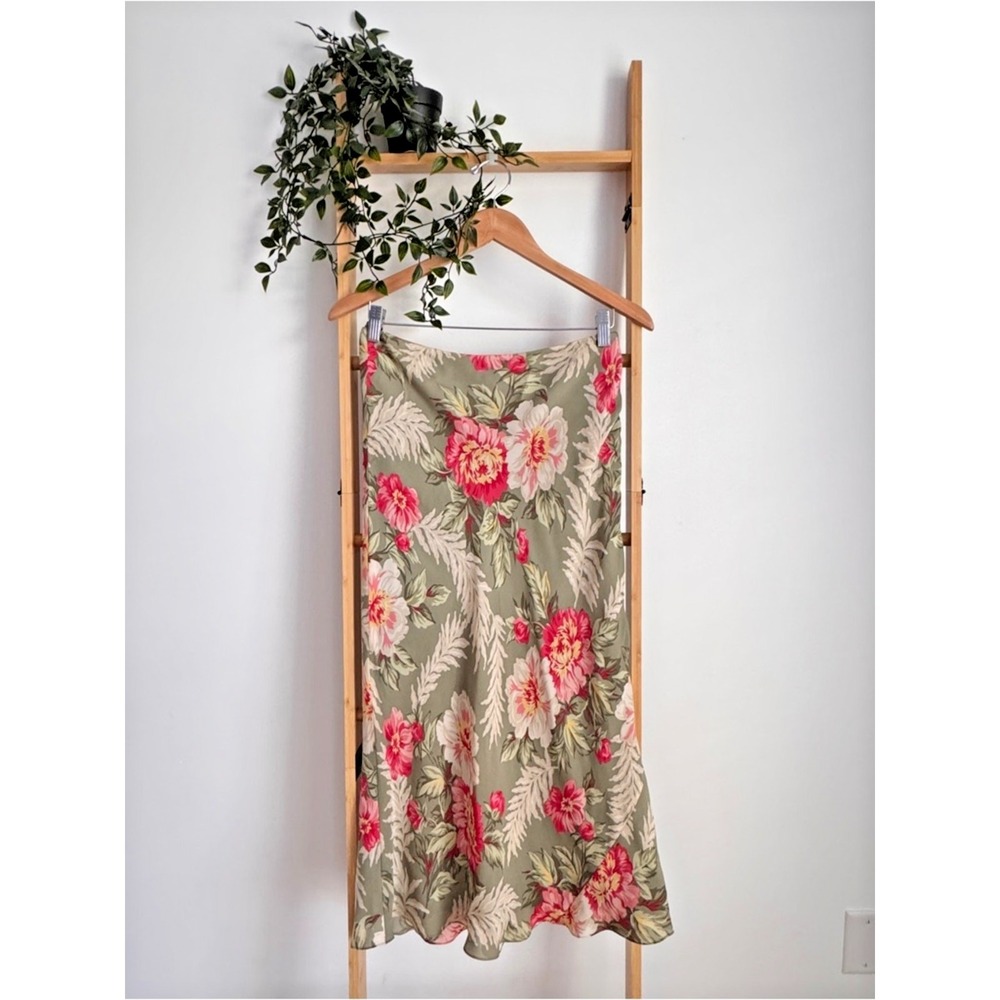 Vintage JNY Signature Silk Midi Skirt Green/Coral Y2K Cottagecore Floral 6P - Picture 1 of 6
